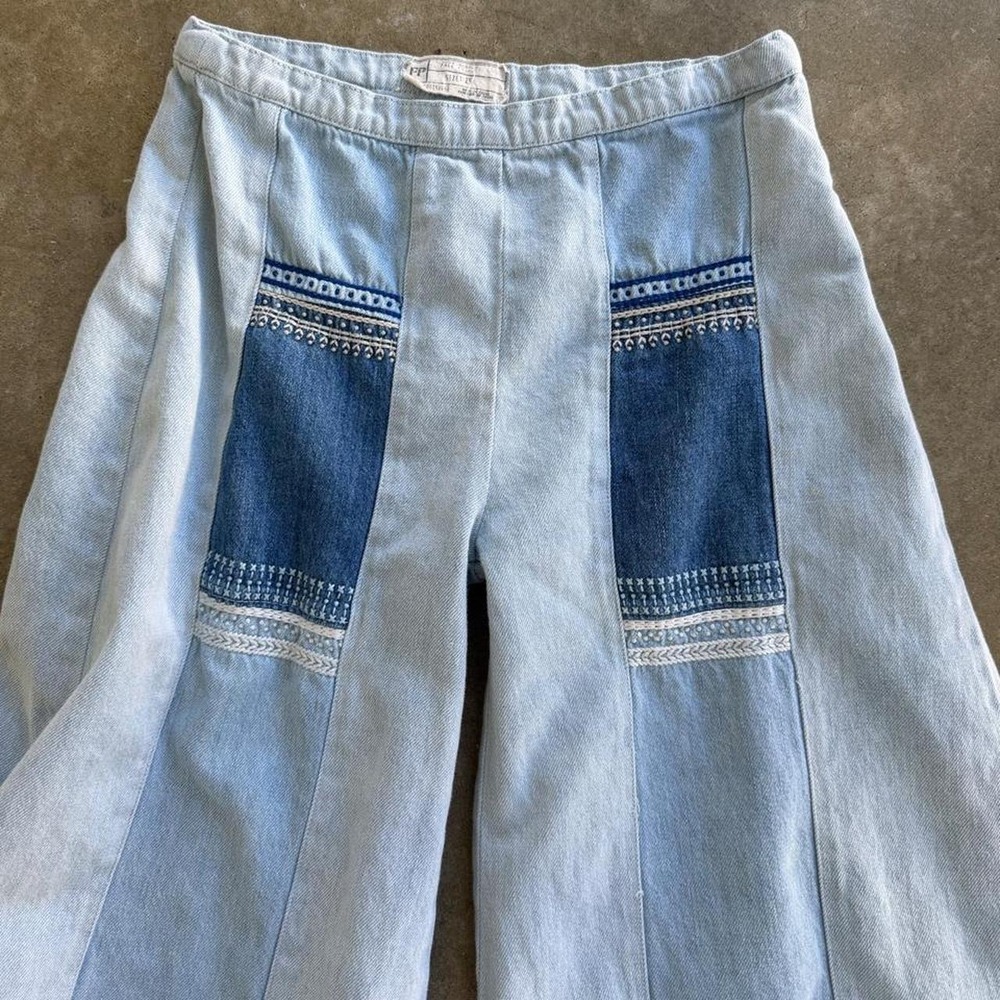 FREE PEOPLE blue denim patchwork pants - Picture 3 of 6